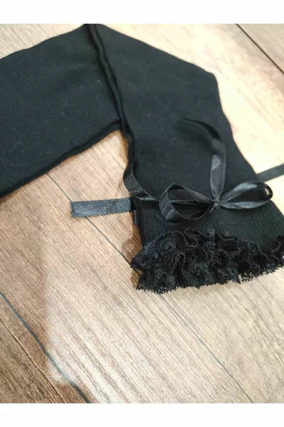 Calze lunghe da donna con pizzo e fiocco sopra il ginocchio, in cotone