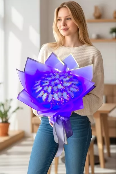 Bouquet de Papillons Lilas avec Lumières LED, Emballage Lilas, Cadeau Décoratif pour Maman, Amour, Ami