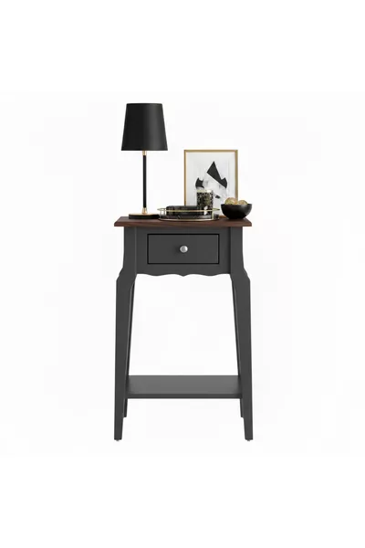 Masif Konik Antrasit Ceviz Raflı Komodin