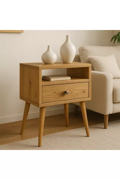 طاولة جانبية من الخشب الطبيعي الصلب – مع أدراج ورفوف، تصميم عصري، مصنوع يدوياً