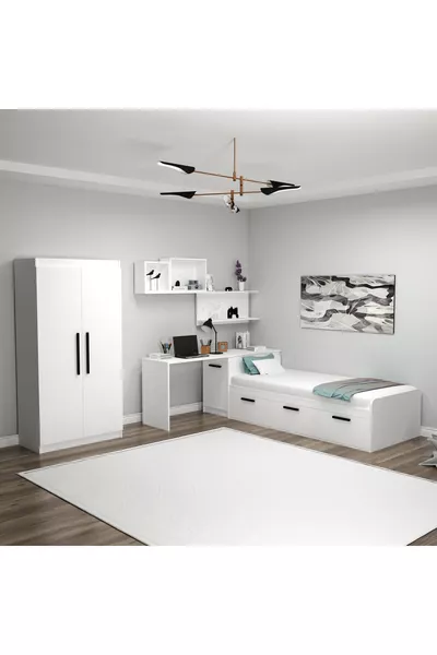 Akser Youth Room 4-Piece Set – White (Desk, Bed Frame, Wardrobe, Wall Shelf)