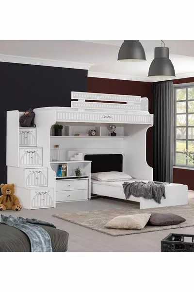 Bunk Bed, London Bunk Bed with Bed Frame, Desk with Seating, 3-Door Wardrobe