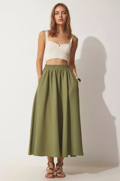 المرأة الكاكي جيوب الكتان تنورة واسعة 