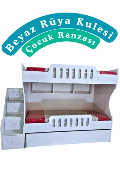 Детски триетажен белия кошмарен MDF креват за 3 души