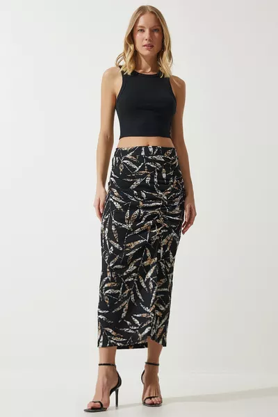 تنورة ميدي برباط أسود منقوش نسائي 