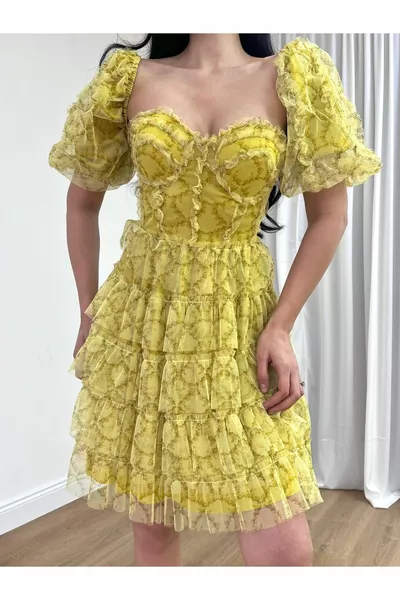 Robe de soirée, Tulle court, Manches ballon amovibles, Mini-robe bustier détaillée au sol, Robes de soirée et robes de graduation