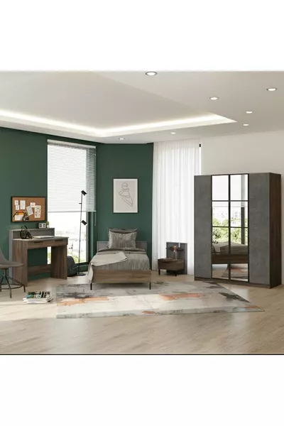 مجموعة غرفة نوم شبابية صغيرة من 4 قطع بالخرسانة والبيج -CG