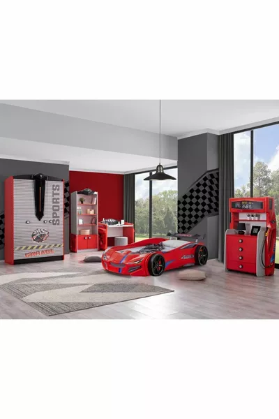غرفة أطفال - سرير بعجلات من ميرسو - خزانة رياضية بثلاث أبواب، مكتب، كومودينو، مكتبة - أحمر