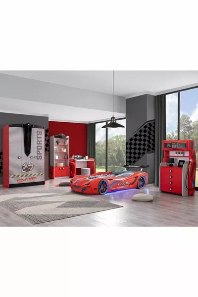 Camera dei Bambini - Letto con Macchina Mercedes - Armadio a 3 Ante Sport, Scrivania, Comò, Libreria - Rosso