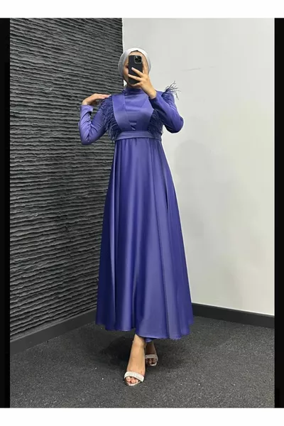 Chest Feather Detailed Satin Hijab Evening Dress