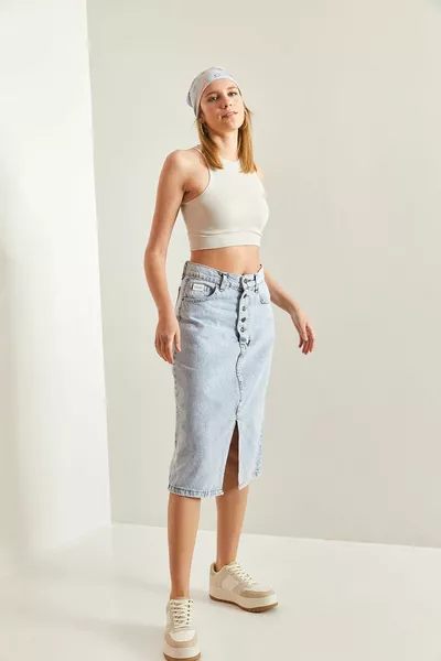 المرأة بأزرار مستقيمة شق التنورة الدنيم