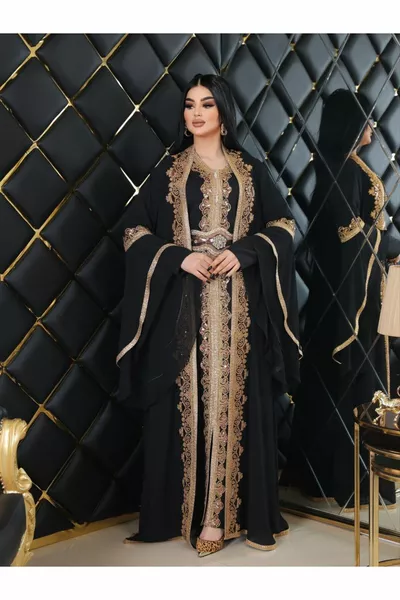 Zena Fashion Six Dress Top Abaya Embroidered Belted Evening Dress Kaftan