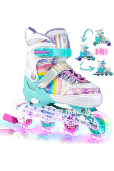 Pattini Illuminati Unicorn 2+2 Arcobaleno per Bambina, Ruote in Silicone, Borsa da Trasporto, 3 in 1