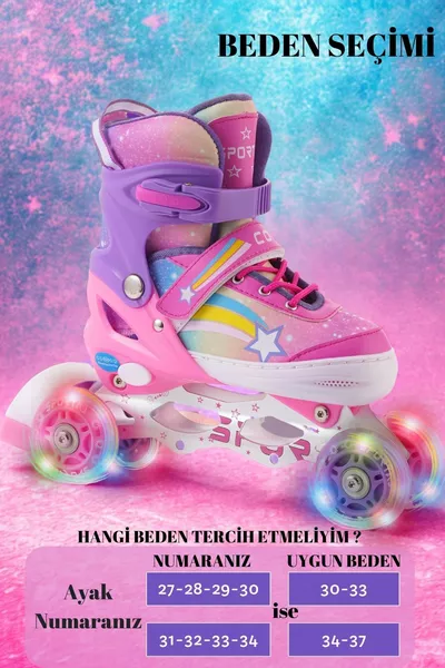 Pattini per bambina con ruote in silicone regolabili con luci a arcobaleno a stella con borsa, rosa lilla