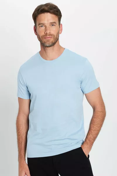 تي شيرت أزرق رقبة دائرية بقصة ضيقة للجنسين، قطن ناعم %