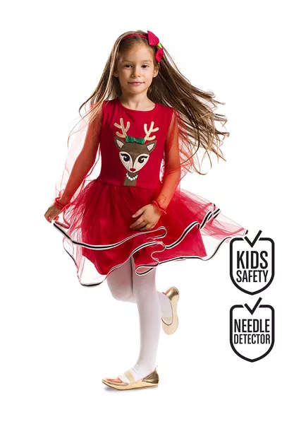 فستان زي الاحتفال بعيد الميلاد للبنات بفستان أحمر مزين بالتول وغزلان - من عمر 2 إلى 8 سنوات