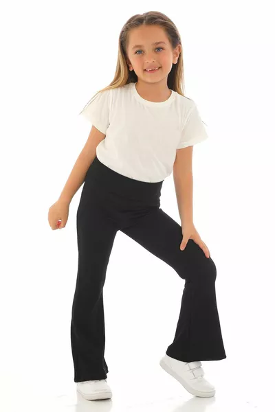 High Waist Spanish Leg Ribbed Black Color Girls' Leggings