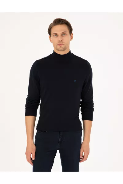 كنزة تريكو أساسية ضيقة بحزام نصف عالية باللون الكحلي 