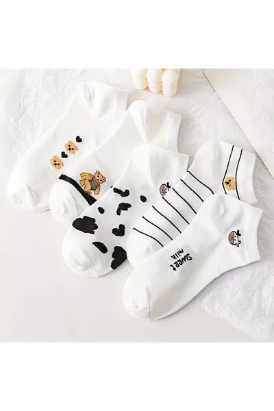 5 أزواج جوارب نسائية بطبعة باندا / بقعة بقري باللون الأبيض
