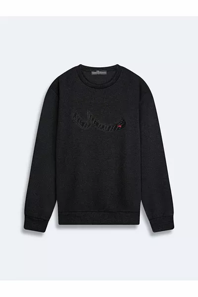 سويت شيرت بأكمام طويلة وياقة دائرية باللون الكربوني