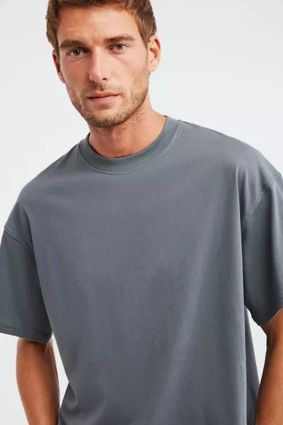 T-shirt Jett Homme Coupe Oversize en Coton  % Biologique, Texture Épaisse, Col Rond, Gris Clair