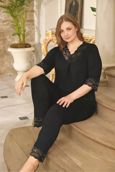 Black Ring Viscose Short Sleeve Plus Size Pajama Set