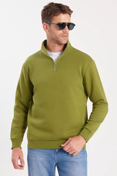 سويت شيرت بياقة عالية نصف سحاب، قطن مريح مبطن بالقطن، تصميم فضفاض للجنسين، باللون الأخضر الزيتوني