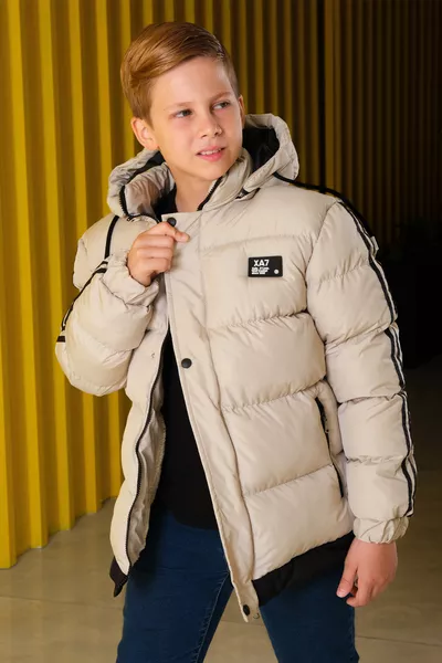 Boys' Removable Hood Puffer Jacket with Striped Sleeves Km.-z