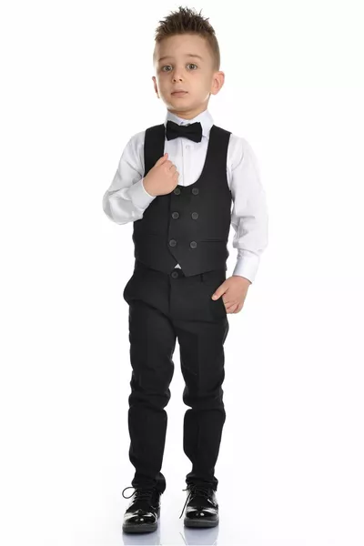 Costume de mariage pour garçon avec gilet, coupe sportive, noir foncé