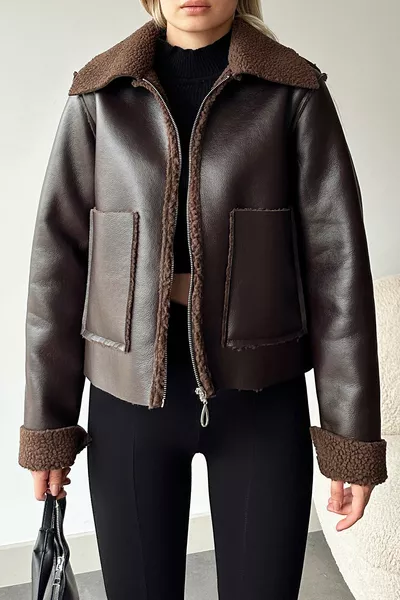 Women's Bitter Coffee Double Pocket Faux Fur Lined Faux Leather Biker Jacket 