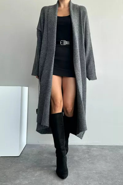 Kadın Koyu Gri Şal Yaka Uzun Triko Hırka