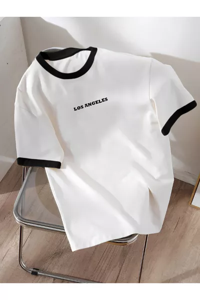 T-shirt Unisex Uomo/Donna in Cotone Bianco/Nero con Collo, Stampa Personalizzata Los Angeles Oversize