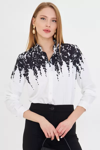 Kadın Siyah Hakim Yaka Polyviskon Saten Desenli Gömlek 