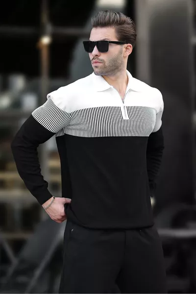 Черный свитер с длинными рукавами и контрастной цветной вставкой, с воротником на молнии 