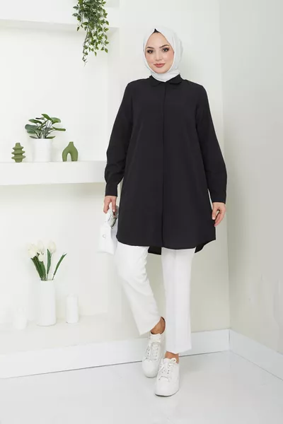 Women's Black Tericotton Hidden Button Boyfriend Modest Shirt
