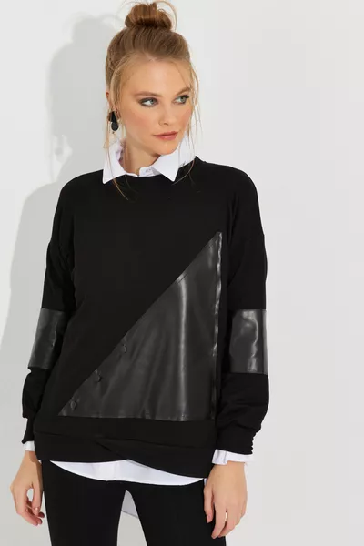 سويت شيرت نسائي من الجلد الأسود بكتل 