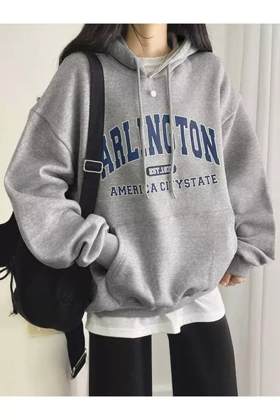 سويت شيرت بغطاء رأس من القطن مطبوع باسم ولاية مدينة أرلينغتون الأمريكية للنساء