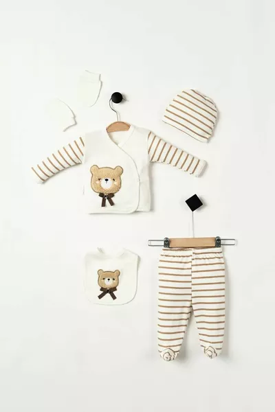 Гибкий (С коробкой) Комплект новорожденного с вышивкой и медвежонком, % хлопок, 5 предметов, для выписки из роддома