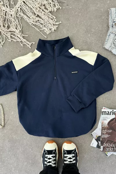 سويتشيرت فضفاض برقبة عالية للجنسين باللون الأزرق الداكن، منسوج بخيط ثلاثي مبطن