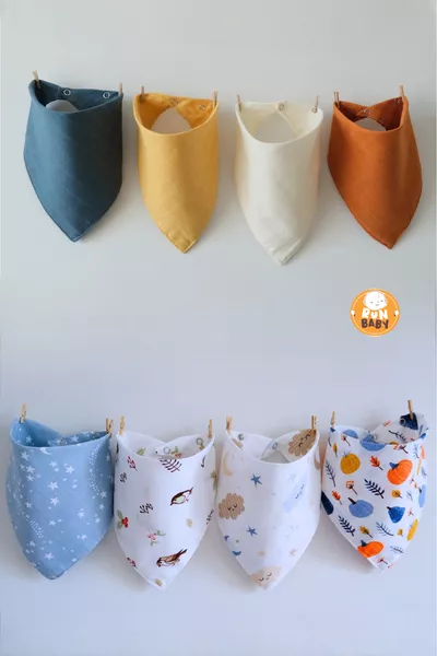 (8 قطع) مريلة وشاح للأطفال من قماش موسلين مع زرين للربط