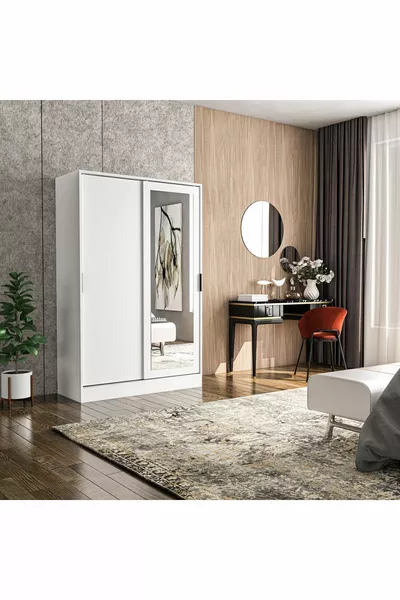 Шкаф с зеркалом Berceste Beyaz, 2 раздвижные дверцы, 8 отделений