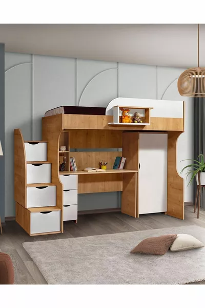 Lits superposés, Litera Ranza Armoire Bureau, Noyer clair-Blanc
