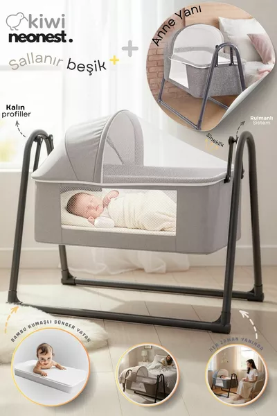 سرير مهد نيونست للأم بجانب السرير، سميك، مع شبك وستارة، قابل للتأرجح. سرير هزاز محمول جديد بلون فيزون