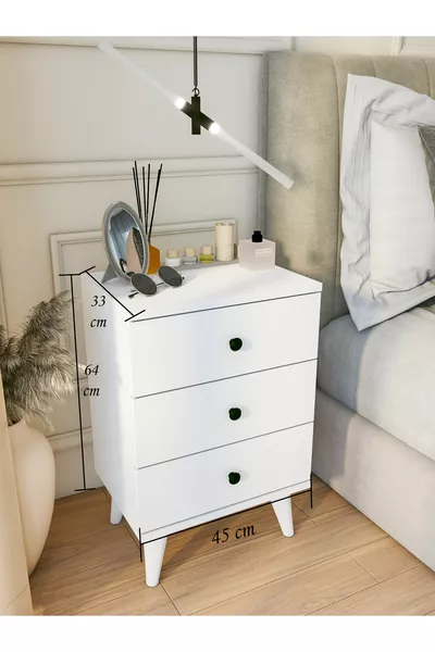 منضدة بجانب السرير بيضاء لامعة 3 أدراج حديثة لغرفة النوم