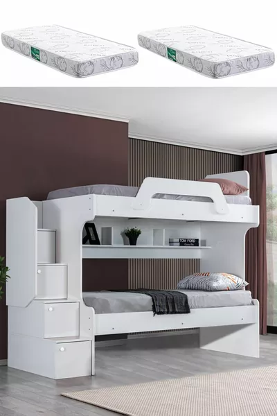 سرير بطابقين، إينجي مزدوج - أبيض مع مرتبتين مريحة