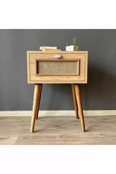 Comodino in legno di quercia con finitura a paglia, tavolino laterale, comodino con coperchio per accanto al letto