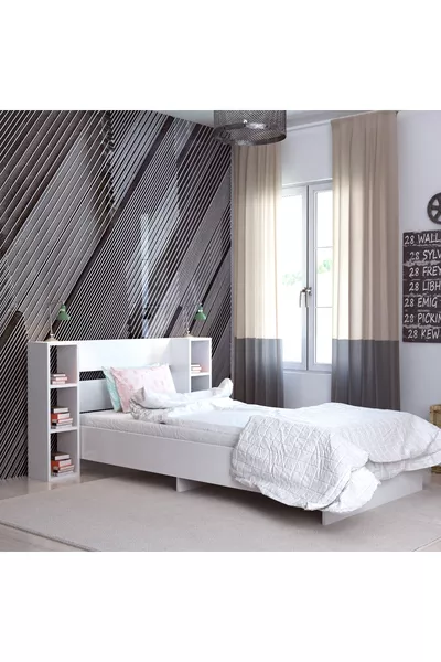 Smart  Ölçülerinde Yatak Uyumlu Raflı Tek Kişilik Karyola, Beyaz - Smart