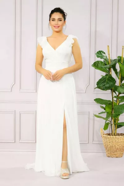 أكمام بياقة مزدوجة الصدر وفتحة طويلة من الخلف وفستان سهرة خارجي