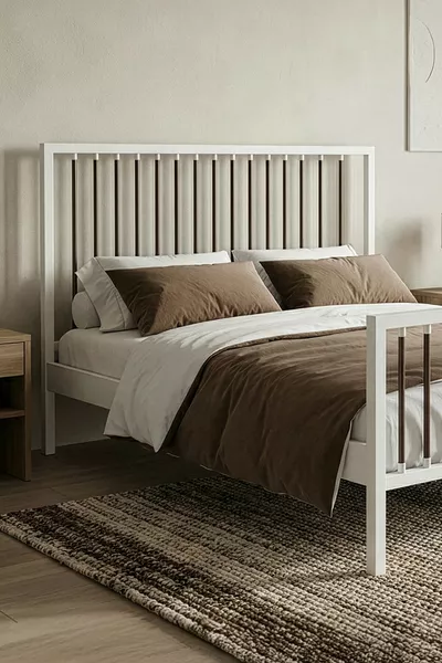 سرير معدني مزدوج بريز بفريم معدني مزخرف (أبيض-بني) (بسير خشبي)