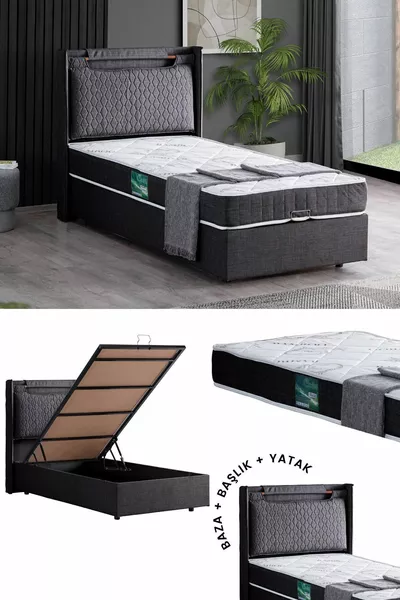 Zagreb Single Bed Base Headboard Comfort Mattress Set, Anthracite